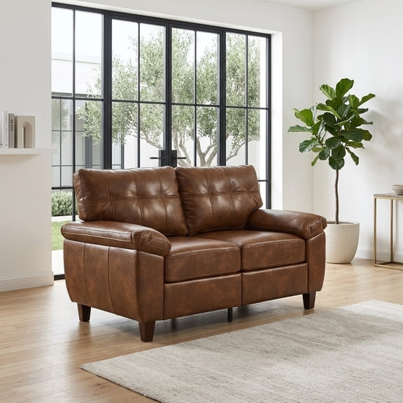 59" Brown Faux Leather Loveseat with Hidden Storage and Plush Comfort