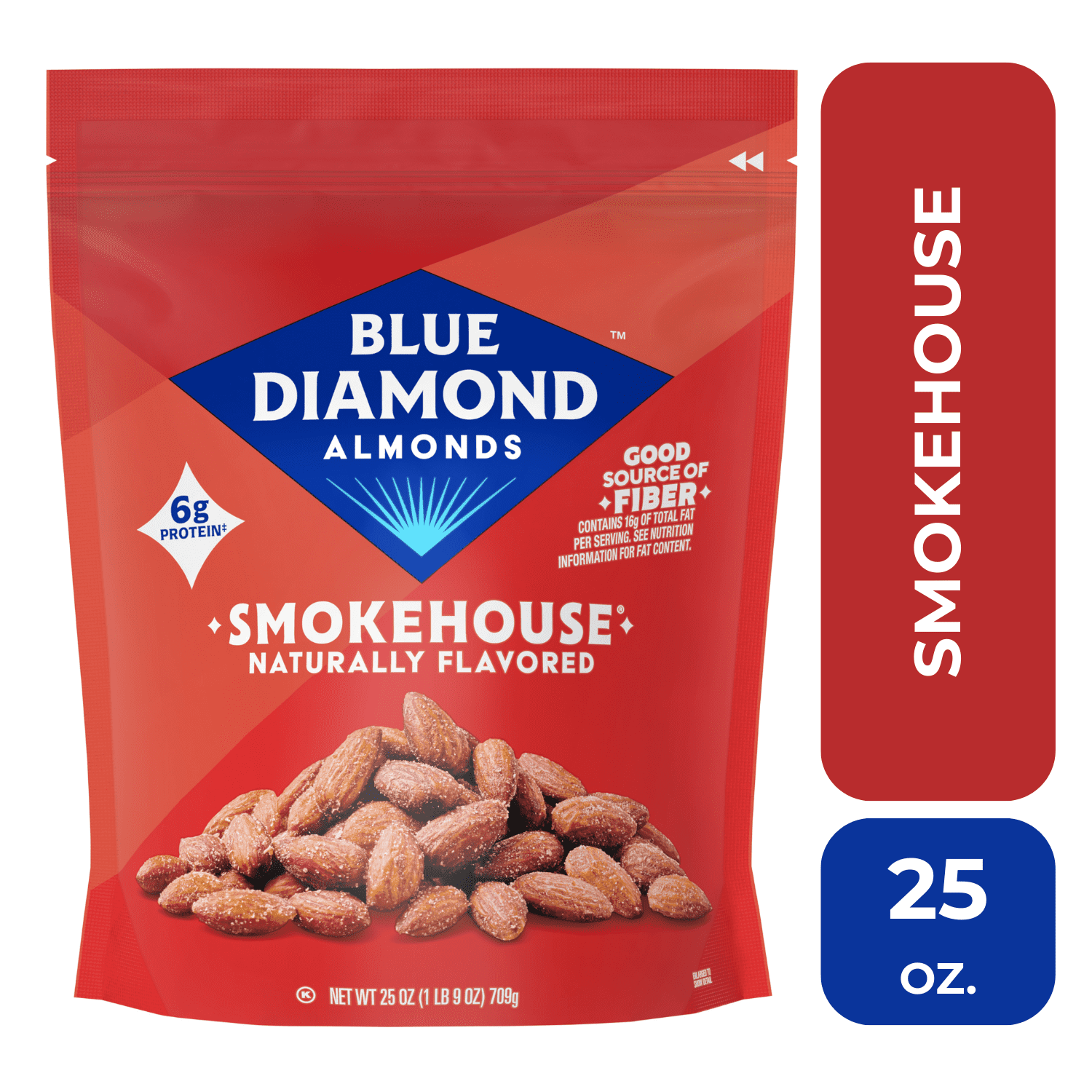 (6 pack) Blue Diamond Almonds, Smokehouse Flavored Snack Nuts for Healthy Snacking, Lunch, On-the-go, 25 oz.