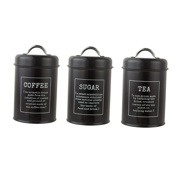 Juego de 3 botes herméticos para azúcar, té o café, recipientes de almacenamiento de alimentos en la cocina. Un negro