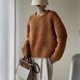 thumbnail image 3 of Suéter de punto con cuello redondo sencillo de color sólido retro de hilo circular de estilo nuevo de otoño e invierno coreano, suéter suelto de estilo perezoso para mujer, 3 of 5