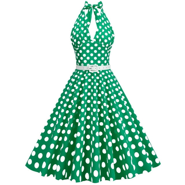 Birdeem Robe d'Été Sans Manches Rétro pour Femmes à Pois Patchwork avec Ceinture et Col Suspendu