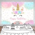 thumbnail image 3 of Fondo de unicornio arcoíris para fiesta de cumpleaños de niñas, con acuarela, flores, purpurina, estrellas y puntos., 3 of 4