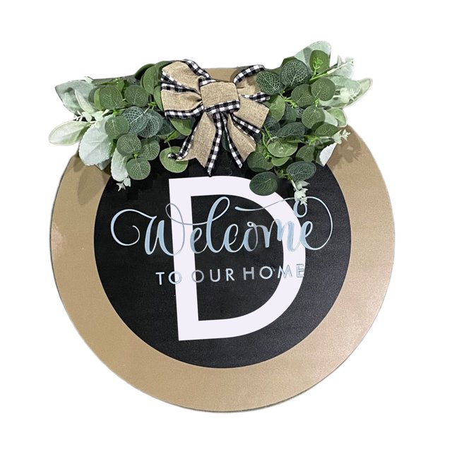 CSChome Door Sign Front Door Wreath A Z 26 Letters Round Sign with Fake Flower Rural Style Last Name Hanging Sign