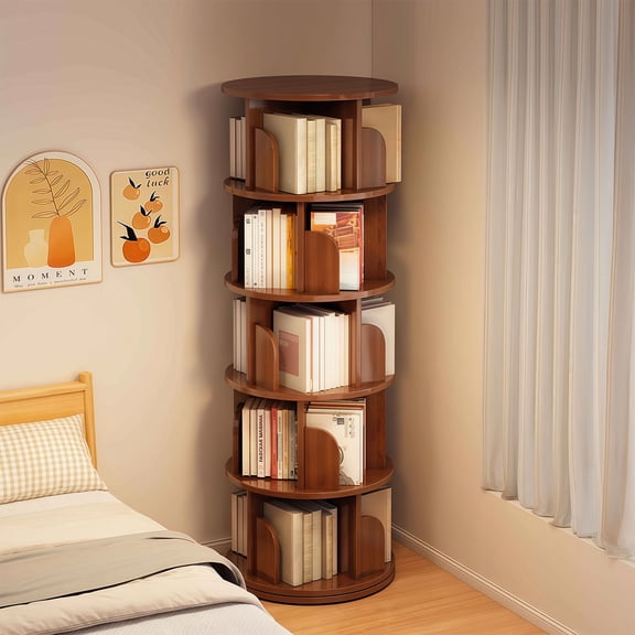 CQSXDA 5 Tier Rotating Bookshelf Tower in Walnut Finish, 360 Degrees Display for Space-Saving Home and Office Organization