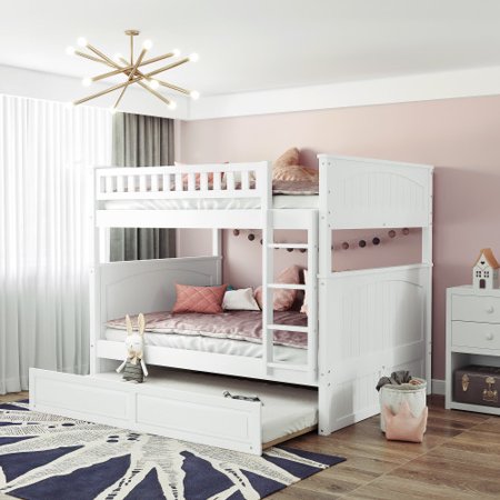 INCLAKE Full Over Full Bunk Beds with Twin Size Trundle  Detachable Wooden Full Bunk Bed Frame with Full-Length Safety Guard Rail  No Box Spring Needed (White)