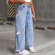 thumbnail image 4 of Cowsor Girls Baggy Jeans Distressed Denim Pants Elastic Waist Wide Leg Jeans for Girls Kids Loose, 4 of 7