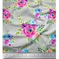 thumbnail image 1 of Soimoi Gray Cotton Duck Fabric Leaves & Pink Floral Watercolor Printed Fabric 1 Yard 56 Inch Wide, 1 of 1