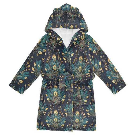 FORMRS Niños Bathrobe Unisex Hooded Robe Soft Plush Pajamas Sleepwear, Size 2-3T, Gold Peacock Pattern