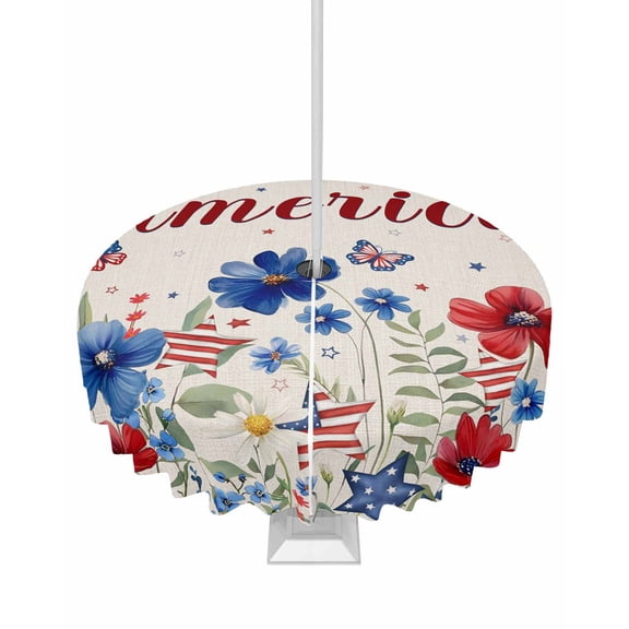 Hokiten Outdoor Tablecloths with Umbrella Hole & Zipper, 4th of July Round Tablecloth 54 Inch, Independence Day Red Blue Floral Rustic Waterproof Table Cloth, Patio/Pool/Picnic Table Covers