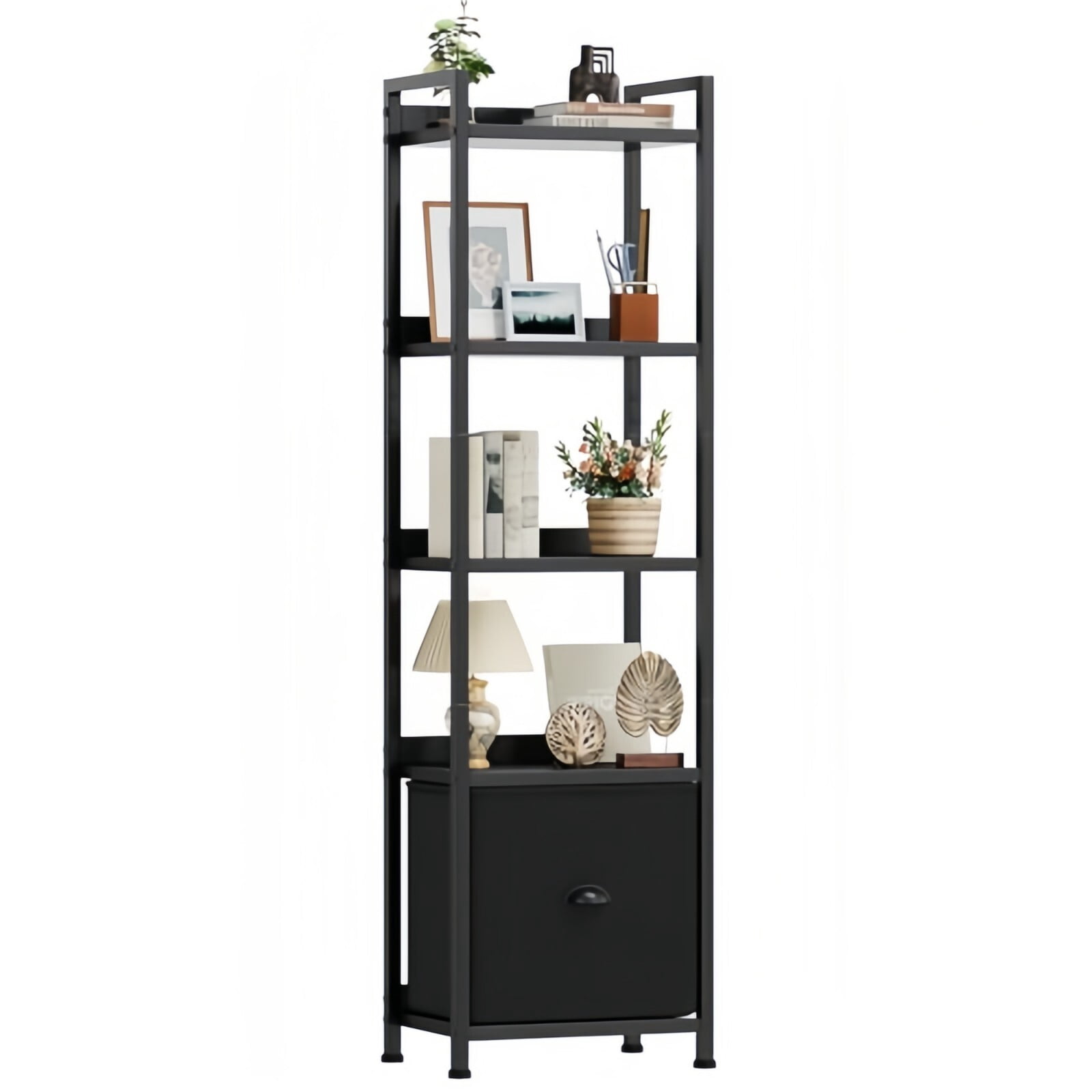 Kelno 5 Tier Bookshelf 55"x15" Bookcase with Fabric Drawer Open Display Storage Rack, Wooden Black