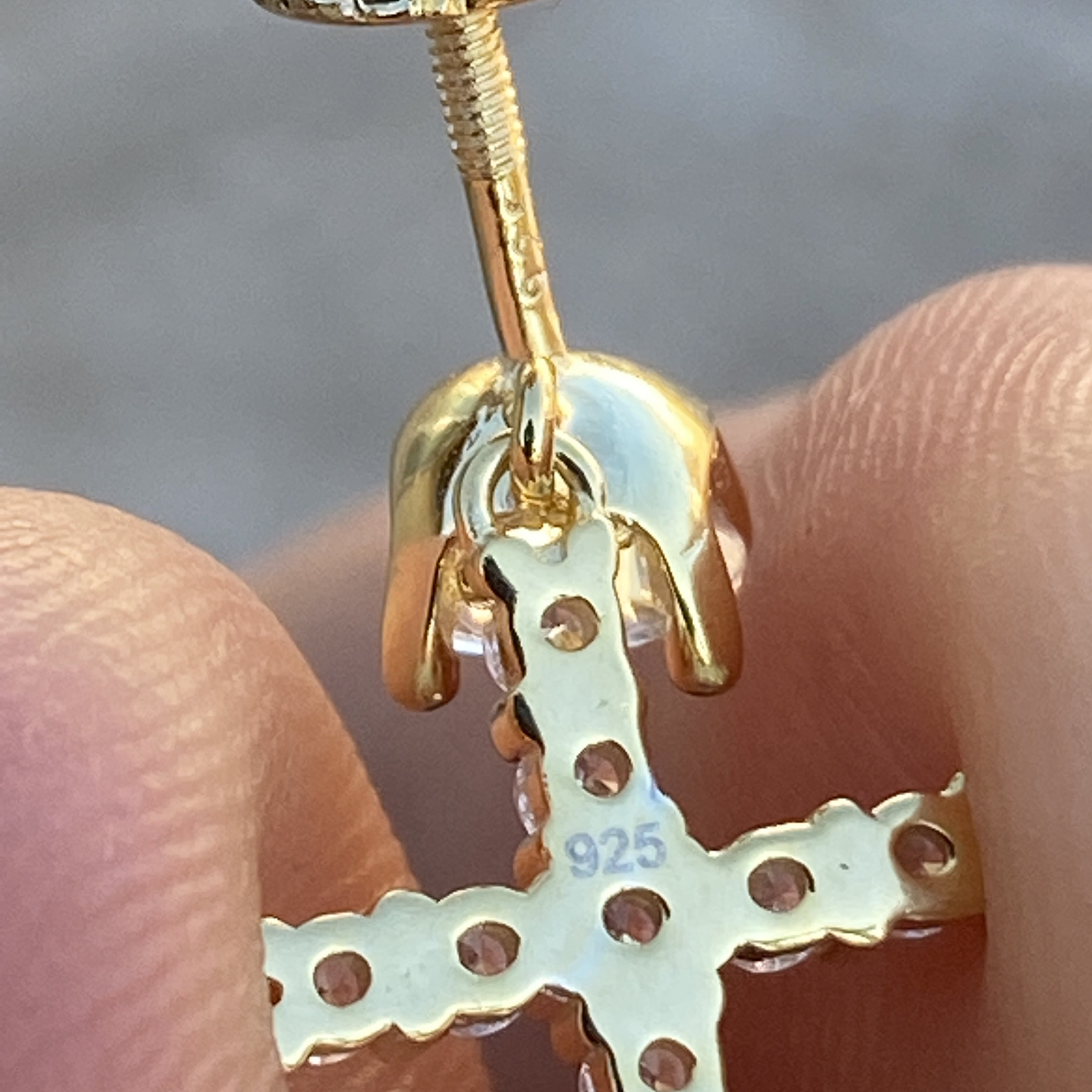 14k Gold Plated over Real Solid 925 Sterling Silver Dangle Cross Bling Studs Iced Hip Hop Screw Back Earrings