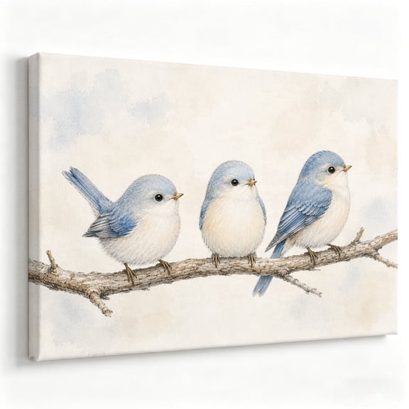 Modern Farmhouse Vintage Whimsical Three Cute Bluebirds on Wire Watercolor Matte Finish Gallery Wrapped Canvas Wall Art Home Decoration Decor Living Room Bedroom Nursery Entryway 8*12inch(20*30cm)