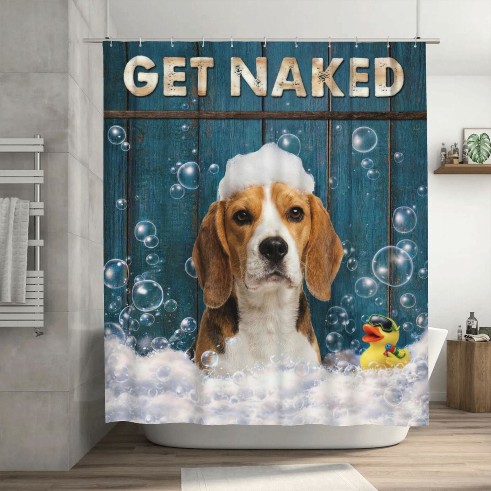 Beagle Puppy Shower Curtain Funny Dog Theme, "Get Naked" Bathroom Accessories for Dog Moms & Dads, Waterproof Fabric Bathroom Decor for Pet Lovers - 72"x72"