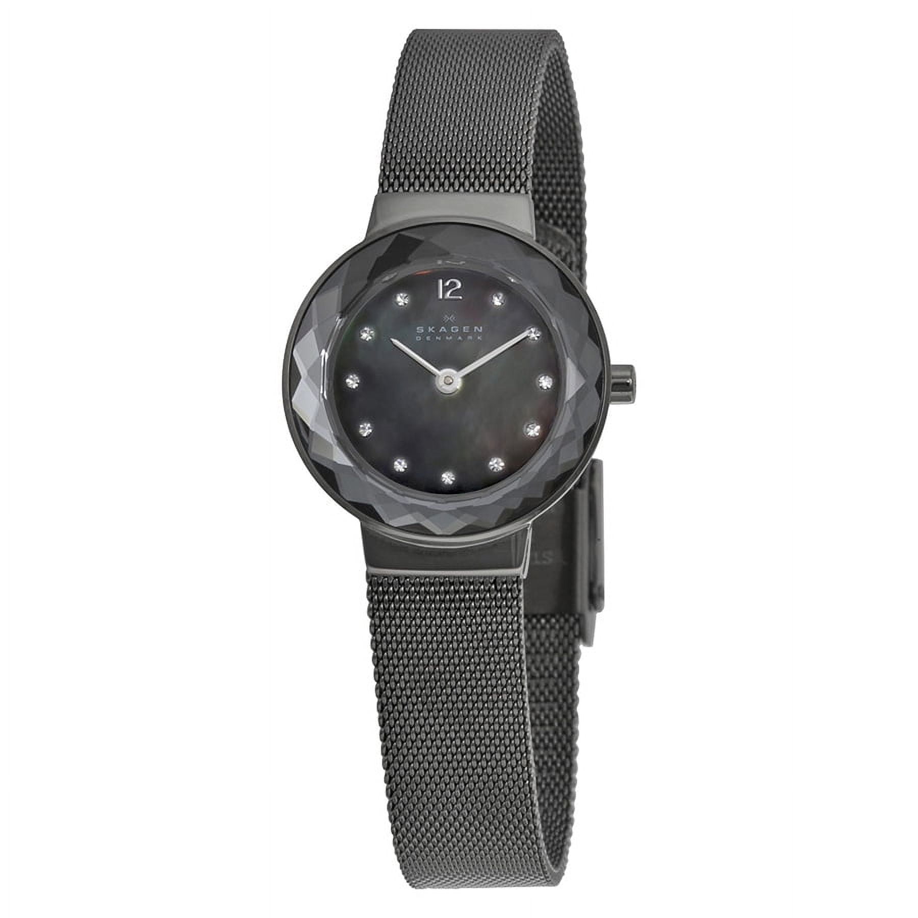 Skagen Women\'s Wristwatch Mother of Pearl Face Black Leather Band Analog Watch Skagen Unisex Watch, Black Mother of Pearl Dial with Jewel  main image 3
