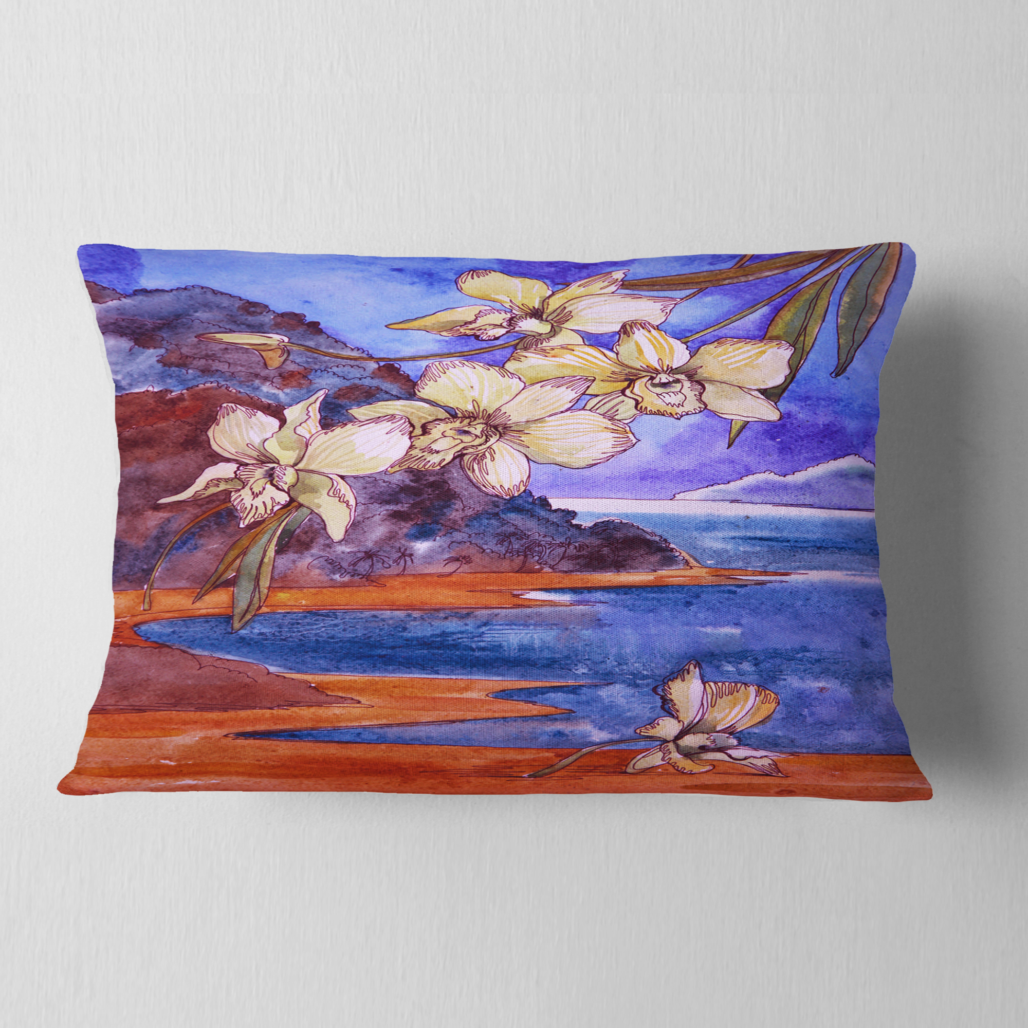 Designart White Orchid with Sea - Floral Throw Pillow - 12x20