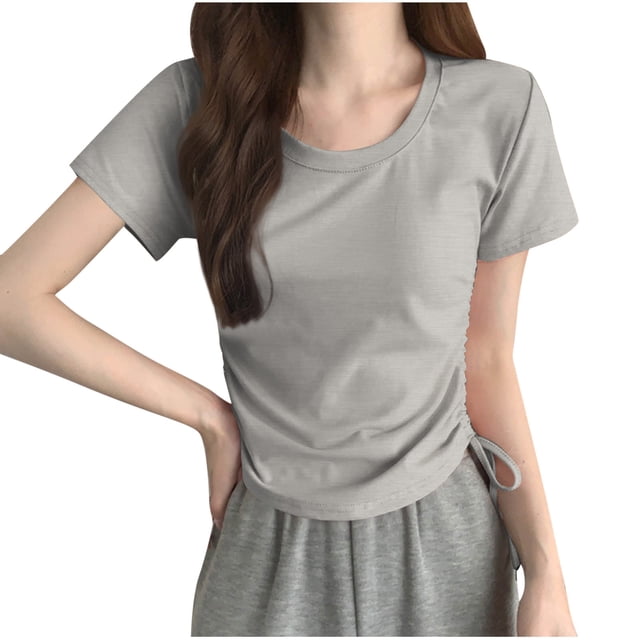 FRSASU Womens Summer Tops Trendy Ruched Short Sleeve Tunic Tshirts Crew Neck Pullover T Shirts Fashion Solid Color Tops Gray L(L)