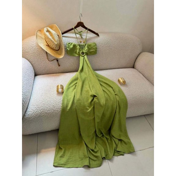 Women's Vacation Style Midi Dress, Print Backless Hollow Out Spaghetti Strap Dress, Summer Elegant Party, Boho