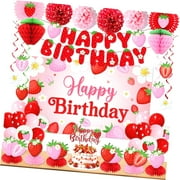 SKYSONIC Strawberry Birthday Party Decorations with Strawberry Birthday Banner, Backdrop, Cake Topper, Balloons, Honeycombs, Hanging Swirls, Paper Fans & Pompoms for Girls Themed Party