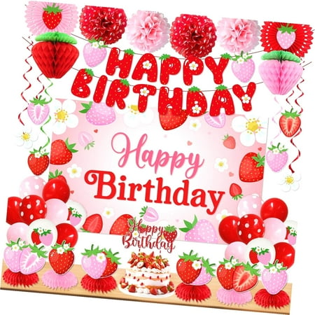 SKYSONIC Strawberry Birthday Party Decorations with Strawberry Birthday Banner, Backdrop, Cake Topper, Balloons, Honeycombs, Hanging Swirls, Paper Fans & Pompoms for Girls Themed Party