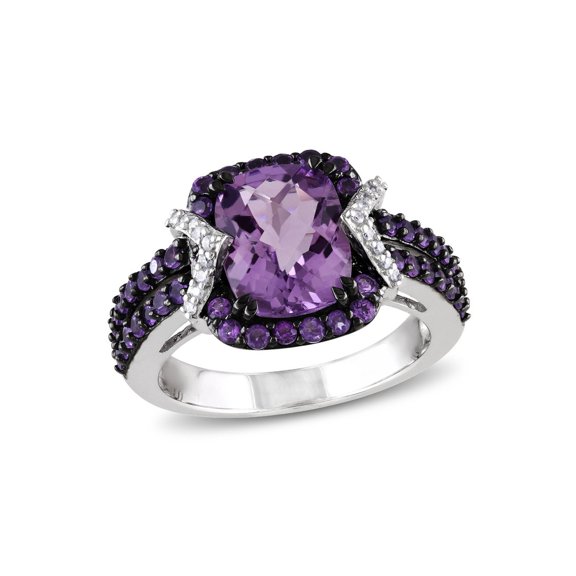 3.34 Carat (Ctw) Amethyst Halo Ring with Diamonds Accents in Sterling Silver for Women