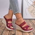 thumbnail image 4 of Rokment Womens Wedges High Heels Dress Slides Sandals Ladies Stylish Simple Denim Cross-Band Platform Chunky Heeled Slip on Summer Casual Height Increasing Dressy Slippers Red Size 9.5, 4 of 7