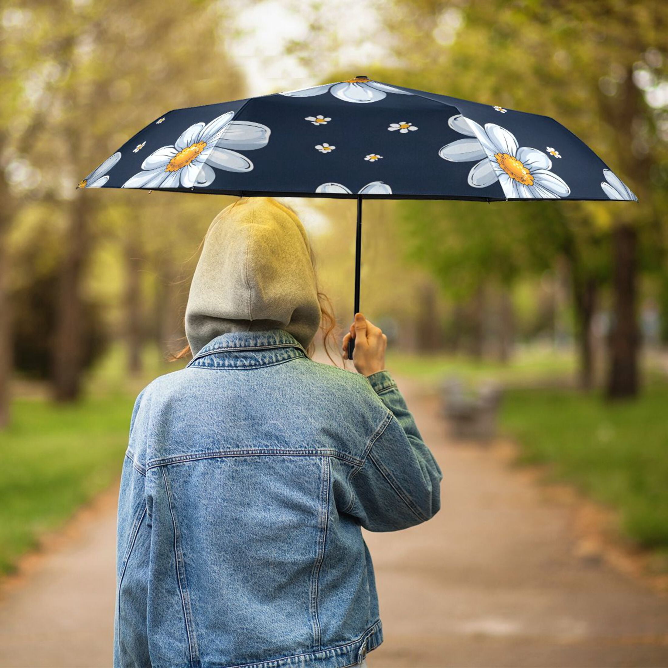 ALAZA Daisy Floral UPF 50+ Compact Folding Umbrella for Rain Travel Umbrella Packable