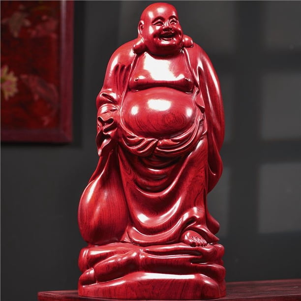 Ebony solid wood carved Maitreya Buddha figurine with a large belly, a Buddhist deity for home use, living room, or entryway.