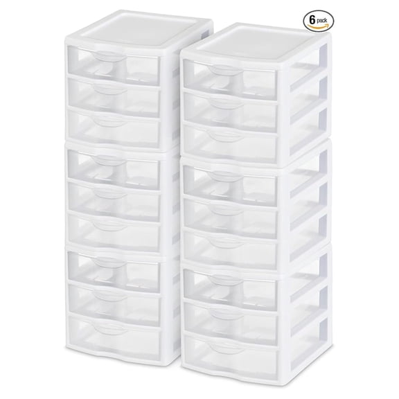 Clearview Plastic Multipurpose Small 3 Drawer Desktop Storage Organization Unit for Home, Classrooms, or Office Spaces, White, 6 Pack