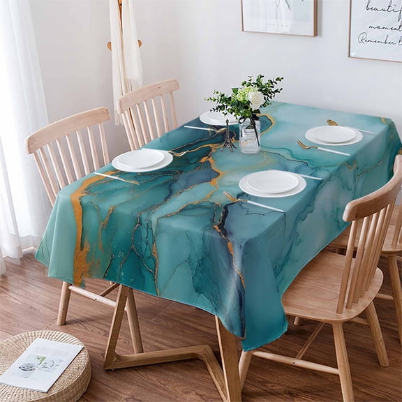 Teal Marble Tablecloth Rectangle Table Cloth 60x102 , Waterproof Tablecloth Outdoor Table Cloth, Modern Abstract Art Luxury Yellow Washable Table Cover for Kitchen Dining Party