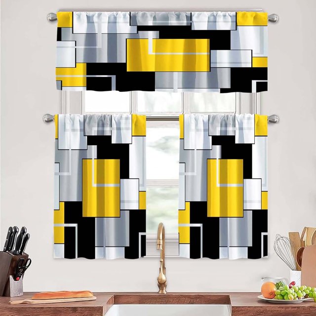 Yellow Kitchen Curtains Tiers and Valances Set 3 Piece for Windows Gold Geometric Modern Art Kitchen Window Curtains Set,Grey and Black Valances for Living Room(36" Tiers Set)