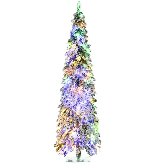 Christmas Tree HOMCOM 6ft Tall Prelit Pencil Artificial Christmas Tree Holiday Décor with 407 Snow Flocked Branches, 250 Warm White or Colorful LED Lights, Downswept Shape,Flocked Christmas Tree