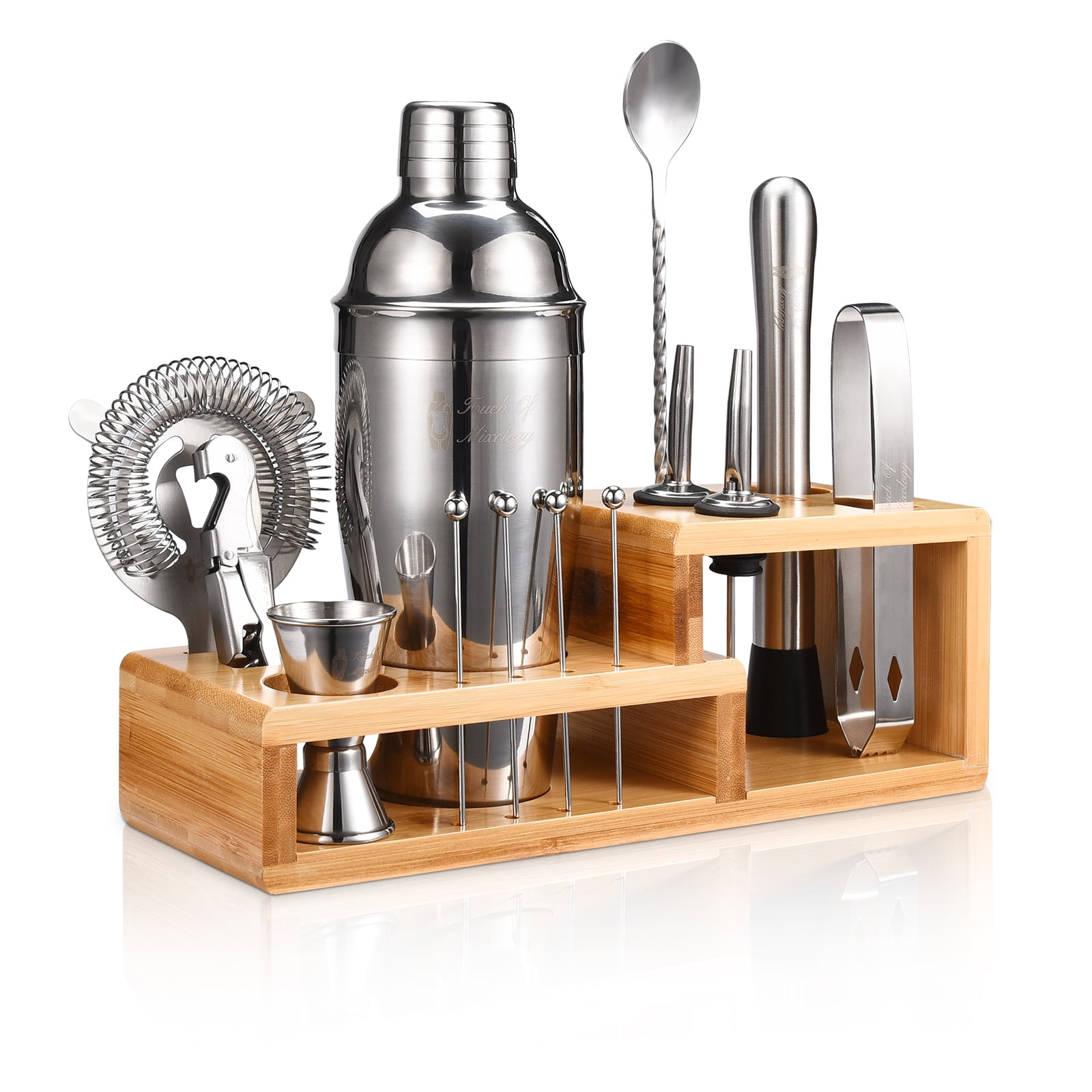 Touch of Mixology Bartender Kit with Cocktail Shaker, Stylish Bamboo Stand, Liquor Pourers for a Perfect Drink Mixing Experience - 14 Piece Barware Essentials Cocktail Shaker Set