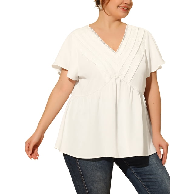 Blusa de mujer de talla grande GRACE & GRANDEUR con escote en V, mangas acampanadas, volantes y peplum, color blanco, talla 3X