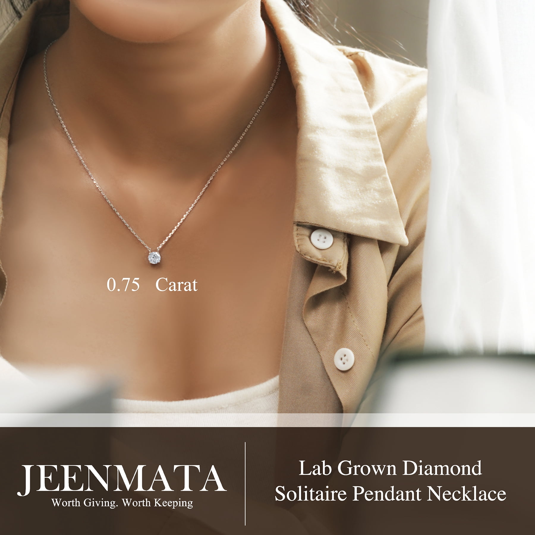 JeenMata Lab Grown Diamond 0.75 Carat Round Cut Classic Solitaire Pendant Necklace - in 18K White Gold Plating for Women