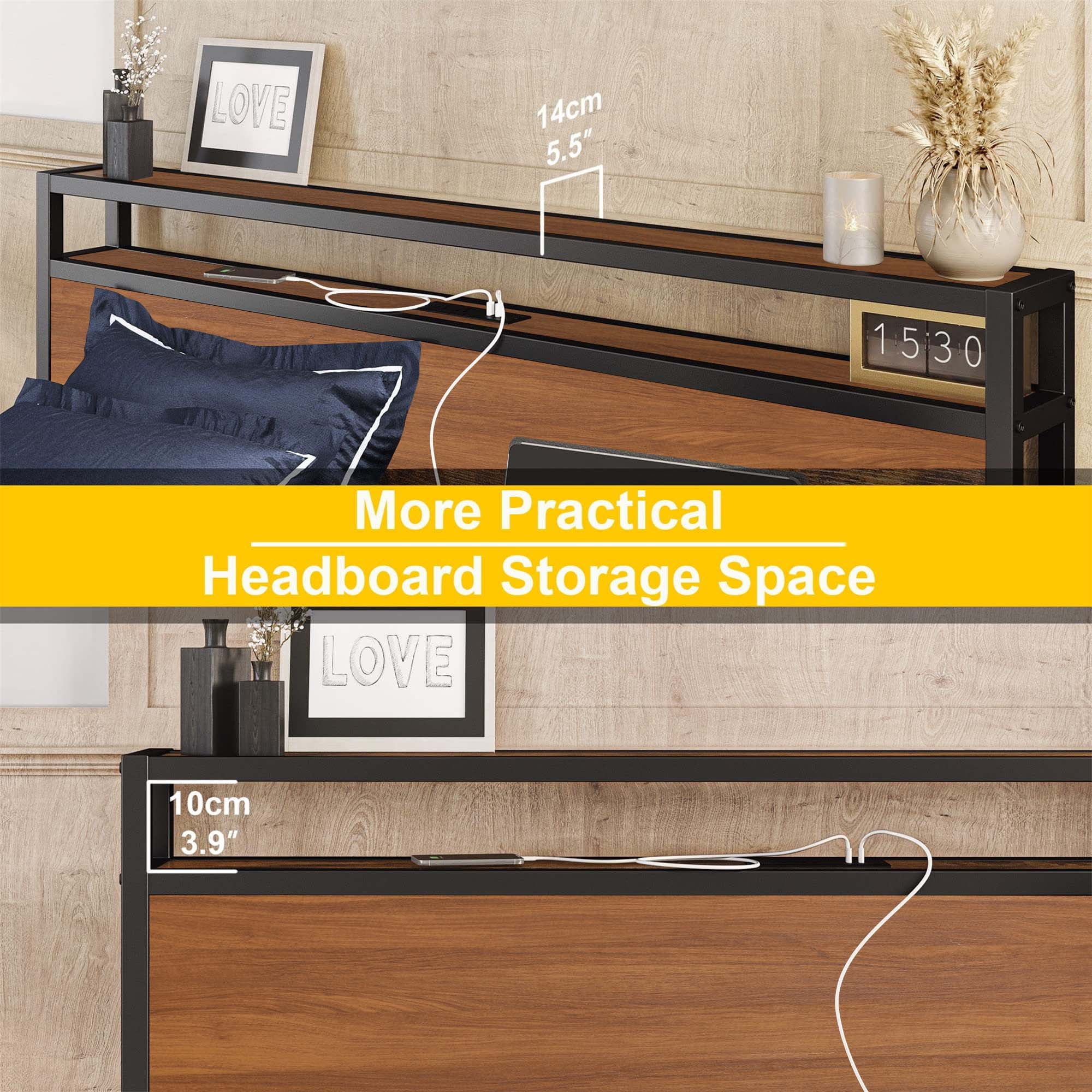 Aukfa Metal Queen Size Bed Frame with 2-Tier Storage Headboard Shelf, 2 USB Ports, Brown