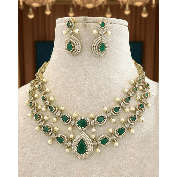 Regal Green Stone & Pearl Studded Gold-Plated Necklace Set with Matching Earrings – Bridal & Festive Jewelry