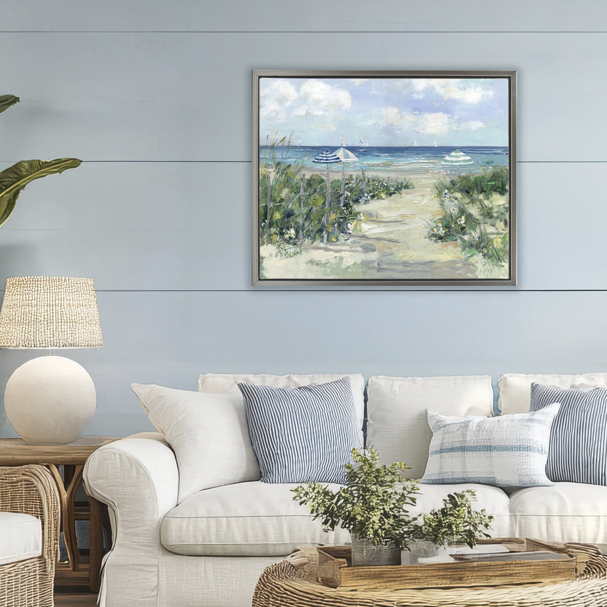 Stupell Industries Seaside Path To Striped Umbrellas Gray Framed Floater Canvas Wall Art, design by Sally Swatland