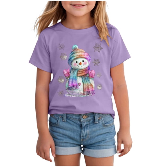 eczipvz Girls Christmas Colorful Snowman Short Sleeve T-Shirt Purple, Size 9-10 Years