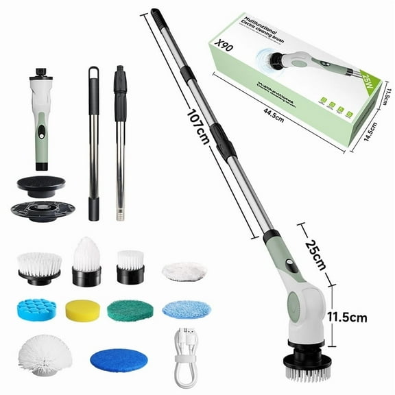 Electric Spin Scrubber, Cordless Cleaning Brush with 10 Replaceable Brush Heads, Waterproof Power Shower Scrubber with Extension Handle, 3 Adjustable Speeds for Bathroom, Bathtub Tile Floor&Car