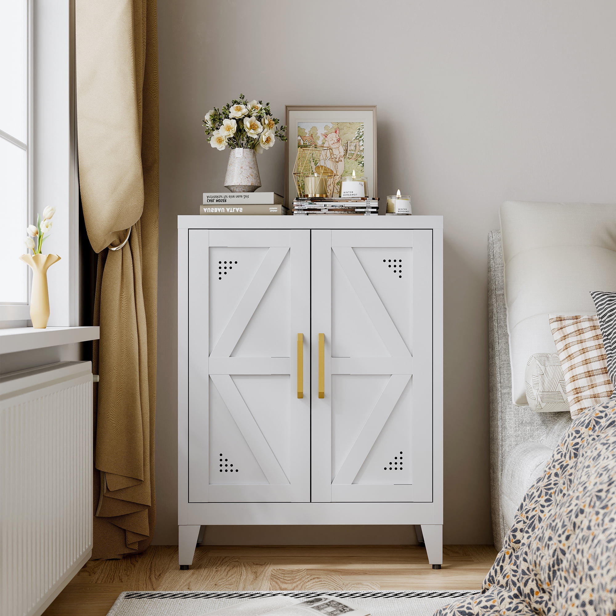 CXUZCZ Metal Buffet Cabinet, Bathroom Floor Storage Cabinet with 2 Adjustable Shelves, Freestanding Storage Sideboard for Entryway,Office, Restaurant, Living Room,11.8 x 23.6 x 31.5 Inches,White