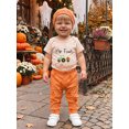 thumbnail image 3 of RUINIXCW Newborn Baby Boy Girl My First Halloween Outfit Infant Fall Clothes Letters in Tractor Print Short Sleeve Romper with Pumpkin Pants Hat Set, 3 of 10