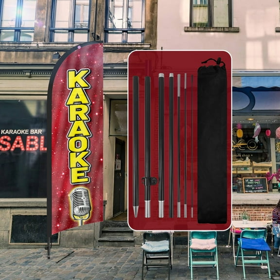 QSUM Karaoke Feather Flag with Flag Pole Kit and Ground Spike, 8.2FT Karaoke Windless Flag Banner Sign Business for Outdoor Advertising Sign Decoration Display