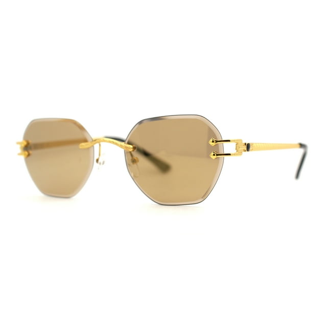 Mens Luxury Victorian Engraving Rimless Rounded Rectangle Sunglasses Gold Solid Brown