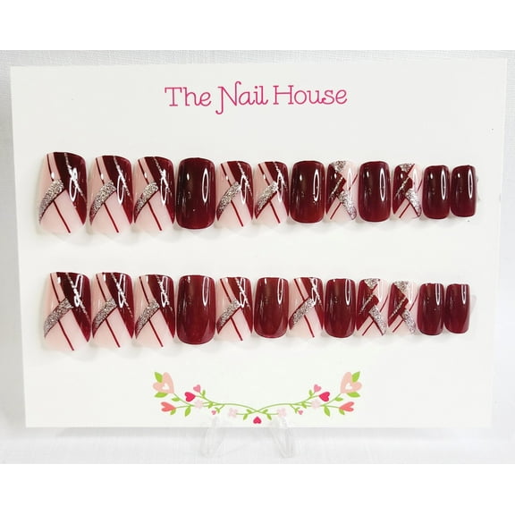Cranberry Sparkle Square Press-On Nails By The Nail House NH - 24 Pieces