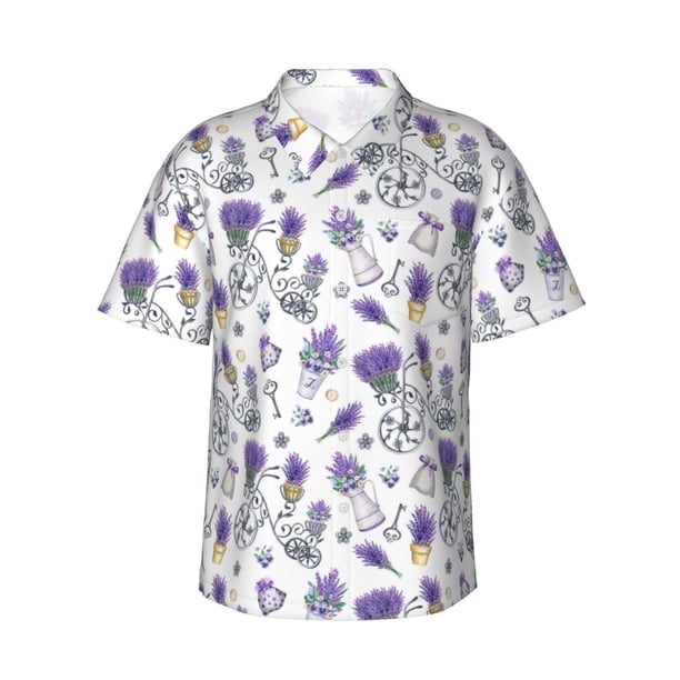 Balery Lavender Bicycle Camisas hawaianas de manga corta para hombre, camisas playeras de corte holgado, camisas de vacaciones con botones,Medium