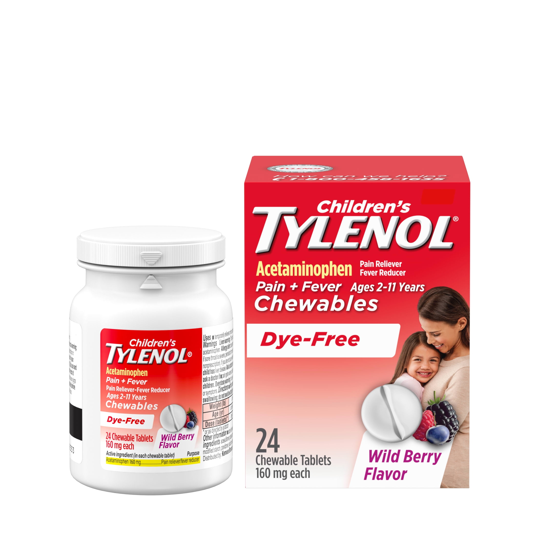 (2 pack) Children's Tylenol Dye-Free Chewable Acetaminophen, Wild Berry, 24 Count