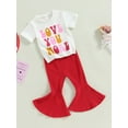 thumbnail image 2 of 2pcs Baby Girl Valentines Day Bell Bottom Outfit Toddler Short Sleeve Love You More T-Shirt Top Flare Pants Set, 2 of 7