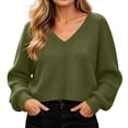 thumbnail image 4 of XRoczxe Women’s V‑Neck Long Sleeve Waffle Knit Crop Top, Casual Solid‑Color Loose Cropped Pullover Shirt, 4 of 9