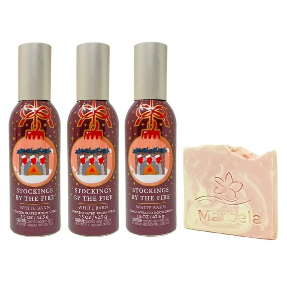 Bath & Body Works Stockings By The Fire Concentrated Room Spray 3 Pack with a Himalayan Salts Springs Sample Soap