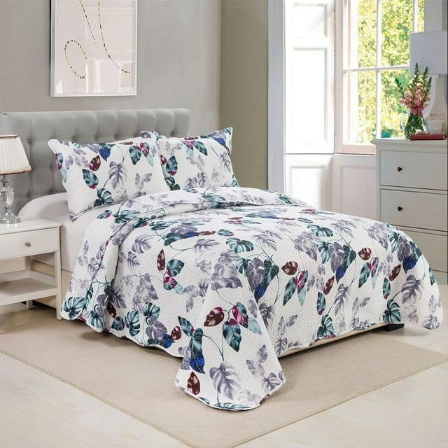Marina Decoration Rich Printed Embossed Pinsonic Coverlet Bedspread Ultra Soft Bedding Summer Quilt Set with Shams, Modern Green Leaves Pattern